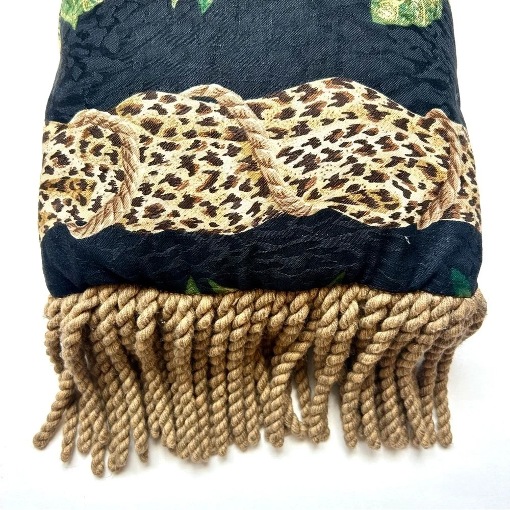 Vintage 1990s Anju Woodridge Jungle Vine Leopard Print Tassel Accent Pillow